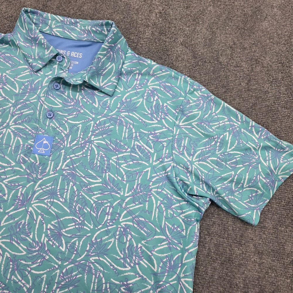 Pins & Aces Mens XL Teal Purple Tropical Leaf Print Short Sleeve Golf Polo Shirt